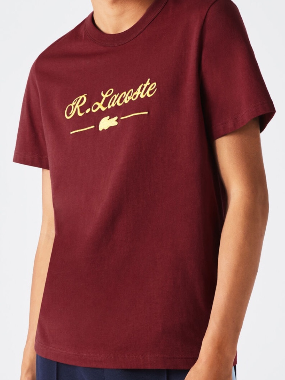 Lacoste Maroon Crew Neck T-Shirt with Yellow "R. Lacoste" Embroidery NWT
